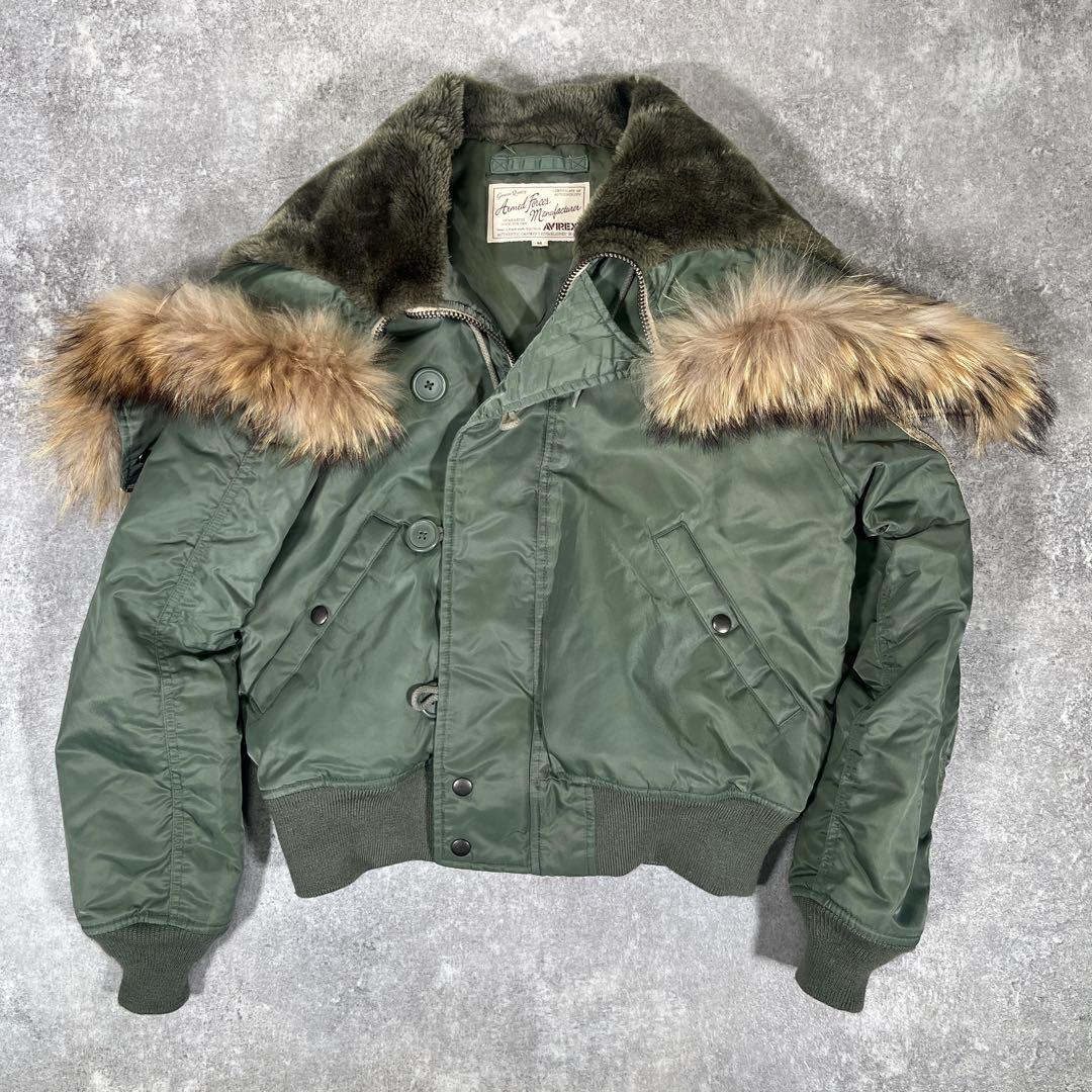 ◆AVIREX フライトジャケット　N-2B M リアルファー　オリーブ　短丈