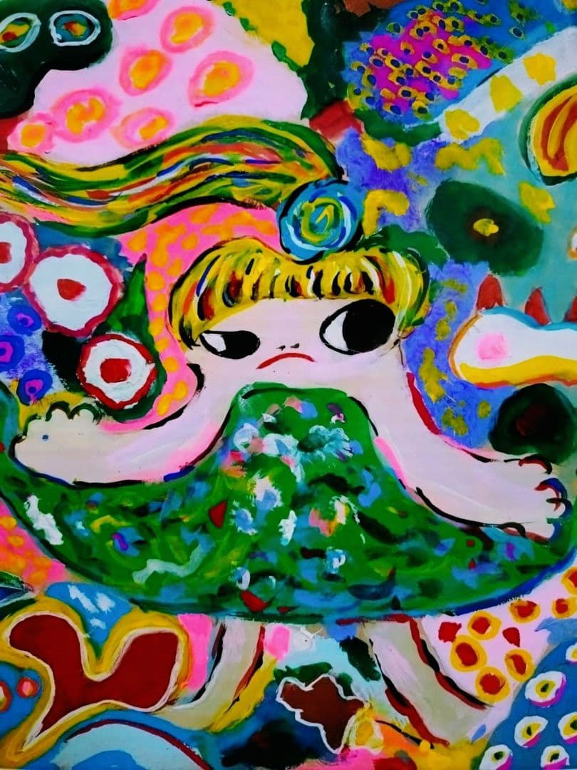 ロッカクアヤコ【段ボール画】手描き大型作品/表サイン有り/油彩/アクリル/額縁