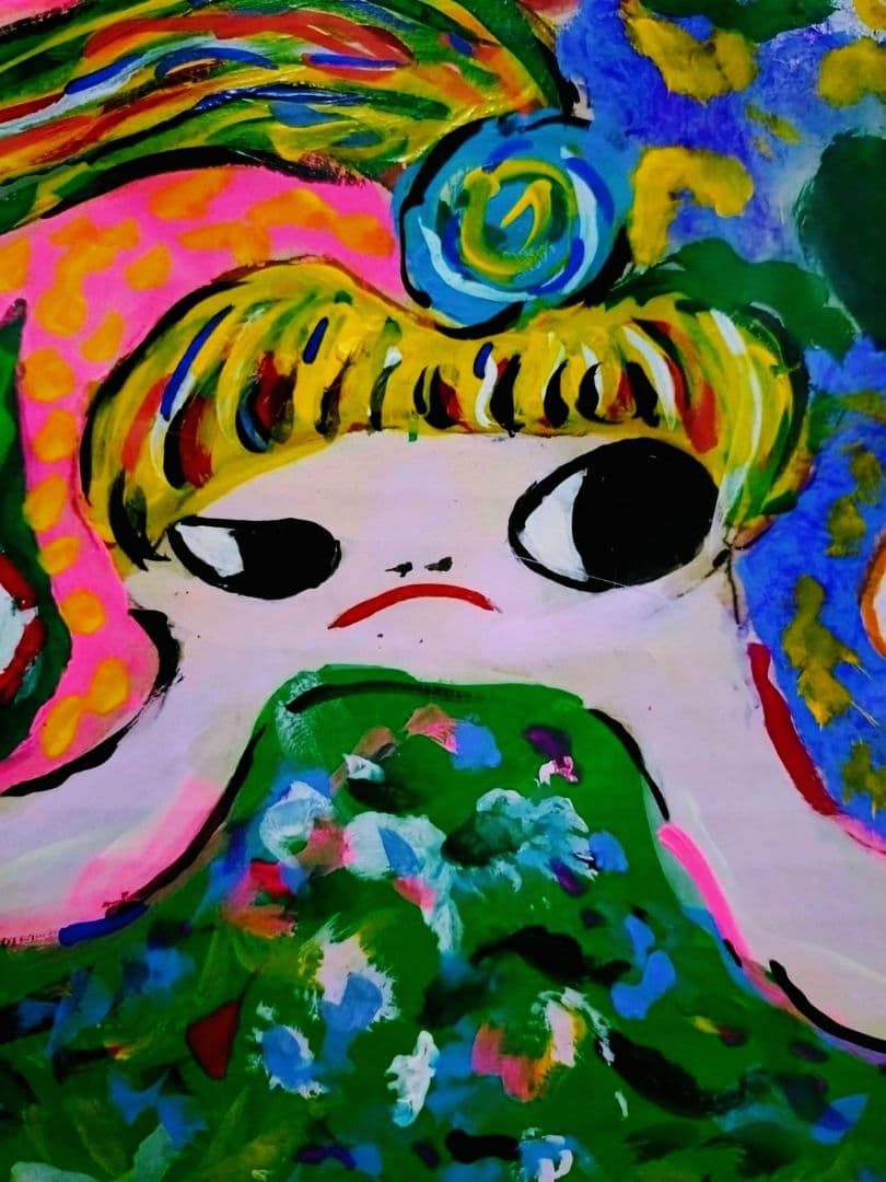 ロッカクアヤコ【段ボール画】手描き大型作品/表サイン有り/油彩/アクリル/額縁