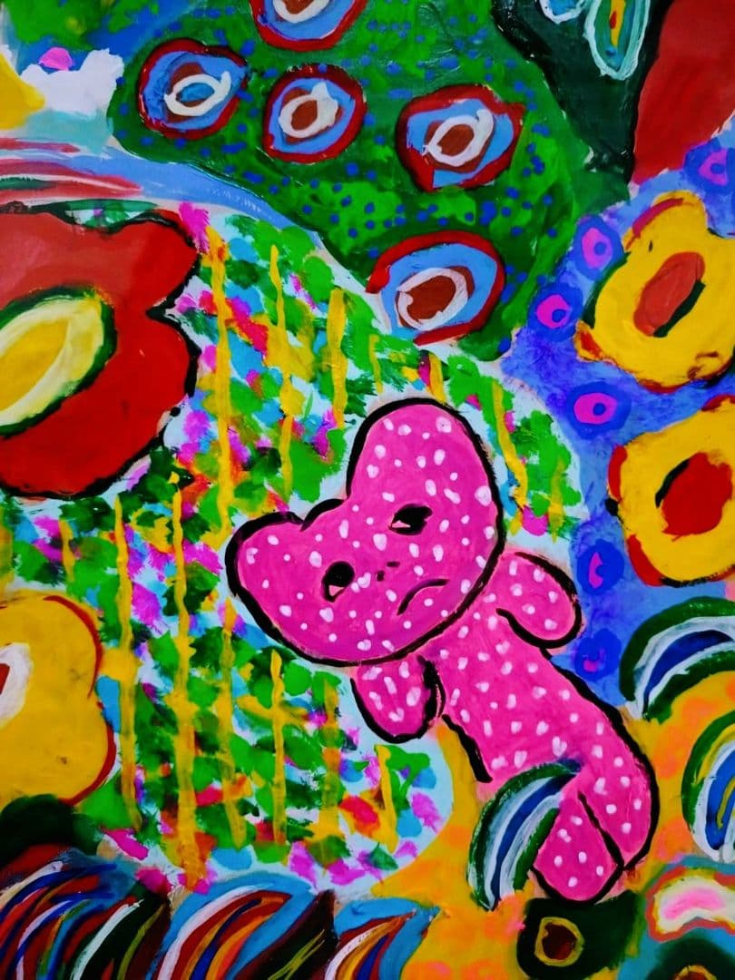 ロッカクアヤコ【段ボール画】手描き大型作品/表サイン有り/油彩/アクリル/額縁