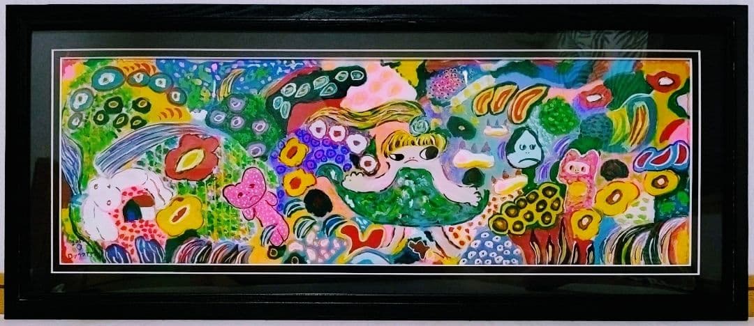 ロッカクアヤコ【段ボール画】手描き大型作品/表サイン有り/油彩/アクリル/額縁