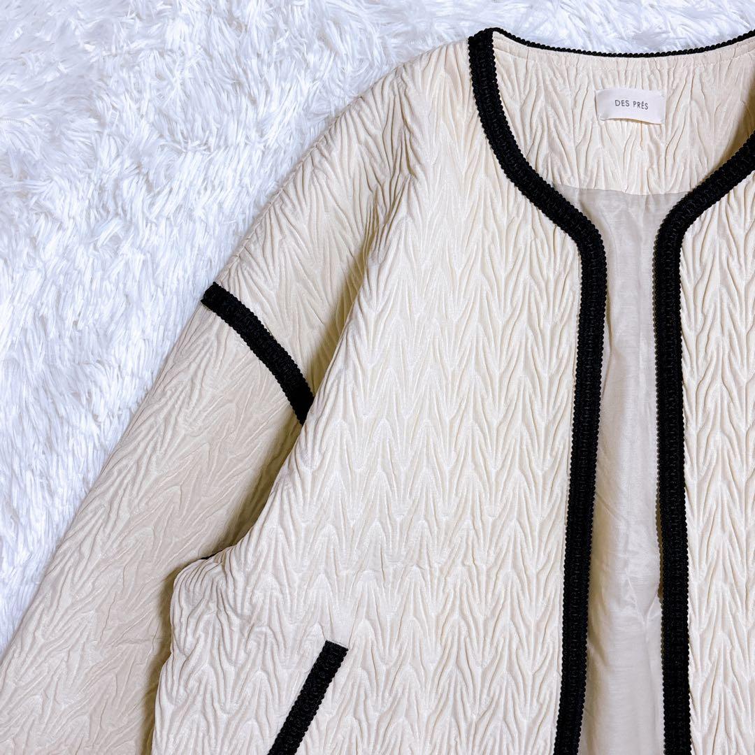 DES PRES ヘリンボーン ジャカード ノーカラー ショートコート ウール混