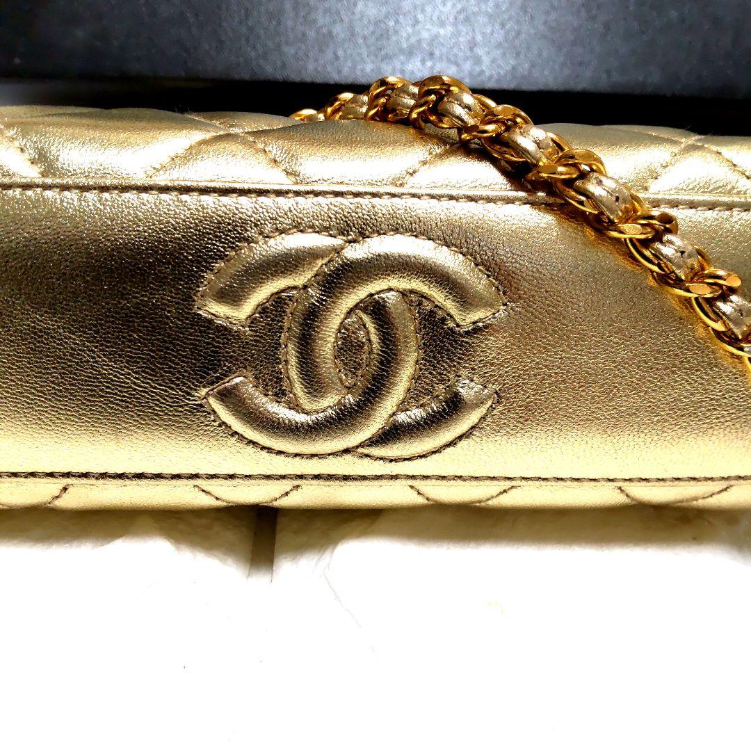 シャネル マトラッセ ラムスキン チェーンショルダーバッグ がま口 ゴールド