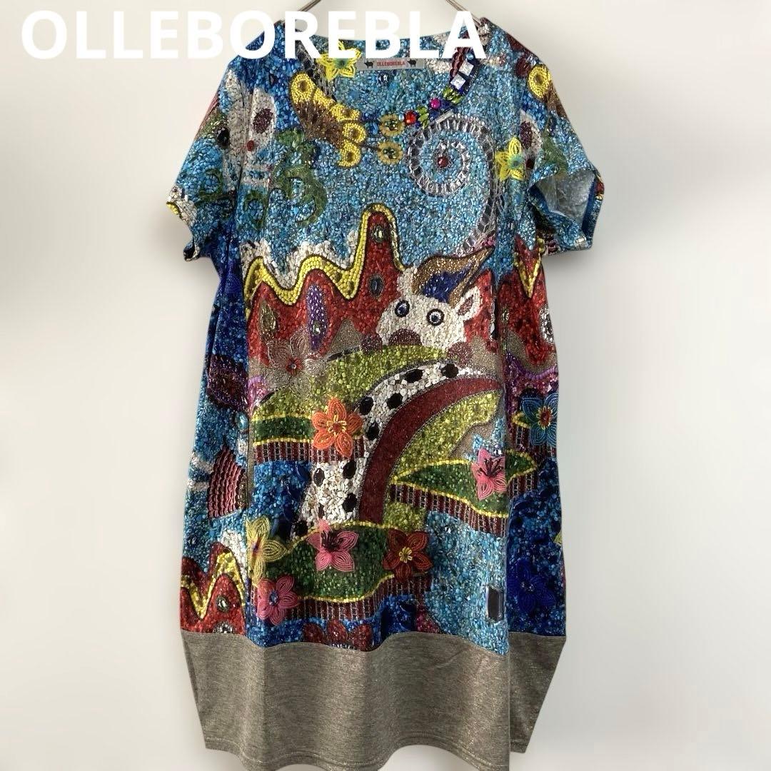 新品タグ付き⭐︎アルベロベロ胸元ビーズストーン　半袖チュニック　ブタさん　ゆったり