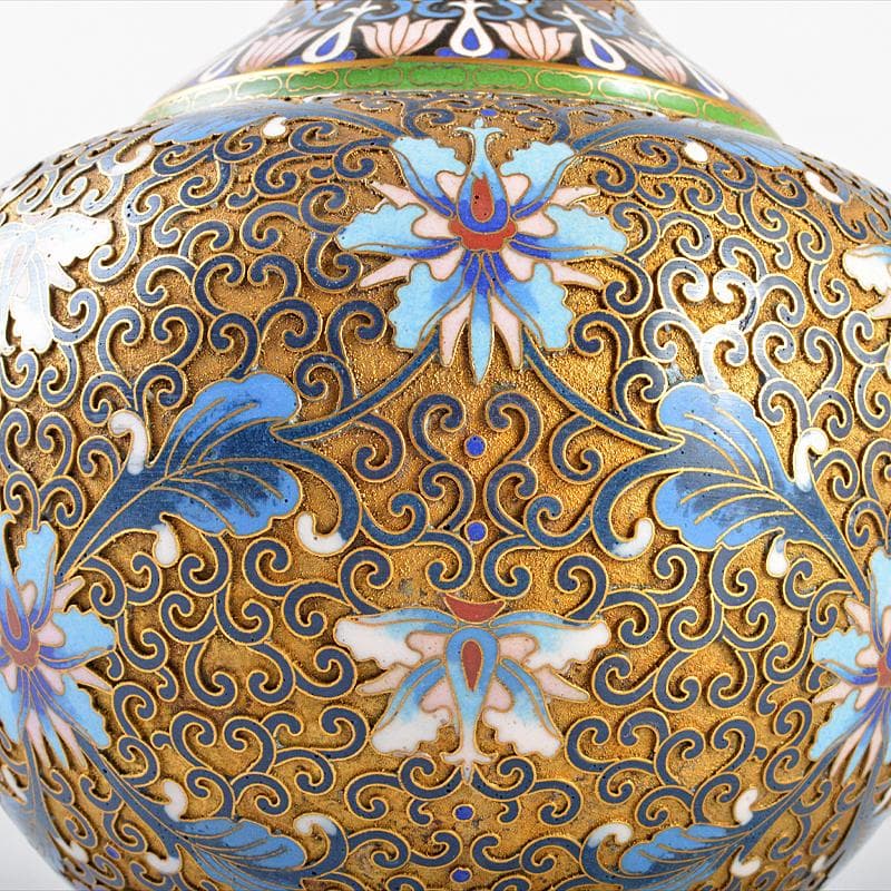 ZZ　中国　古七宝琺瑯彩　花文瓶　唐木台付　M　R5656