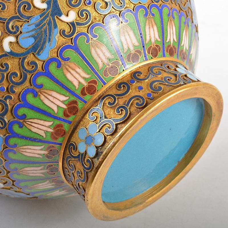 ZZ　中国　古七宝琺瑯彩　花文瓶　唐木台付　M　R5656