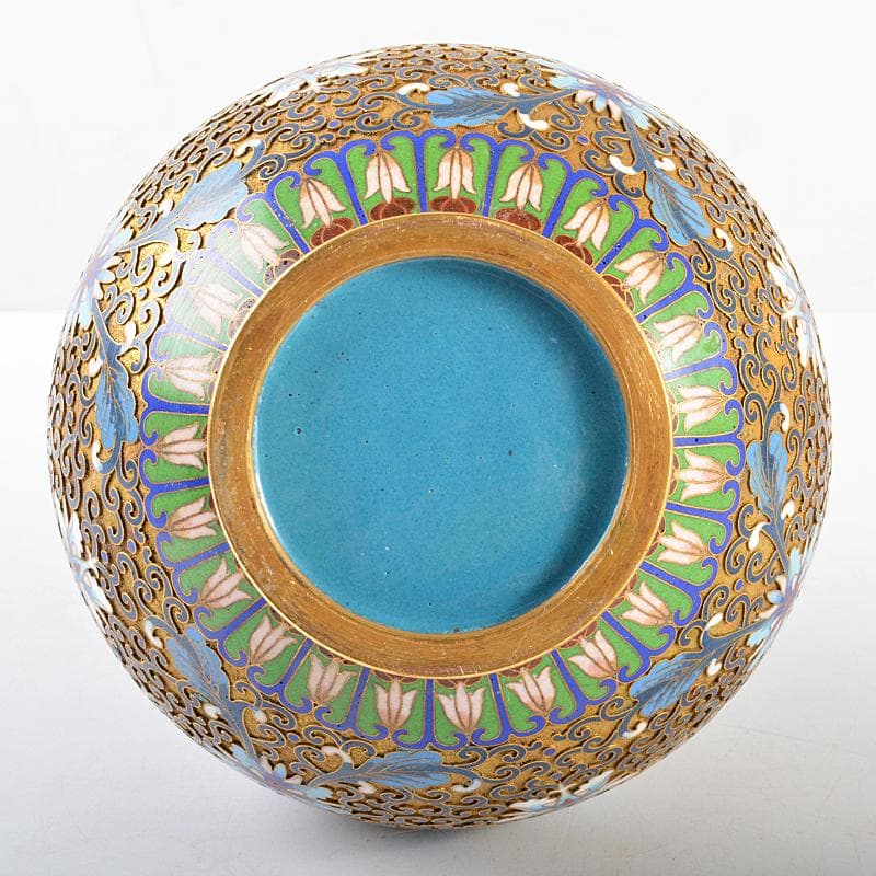 ZZ　中国　古七宝琺瑯彩　花文瓶　唐木台付　M　R5656