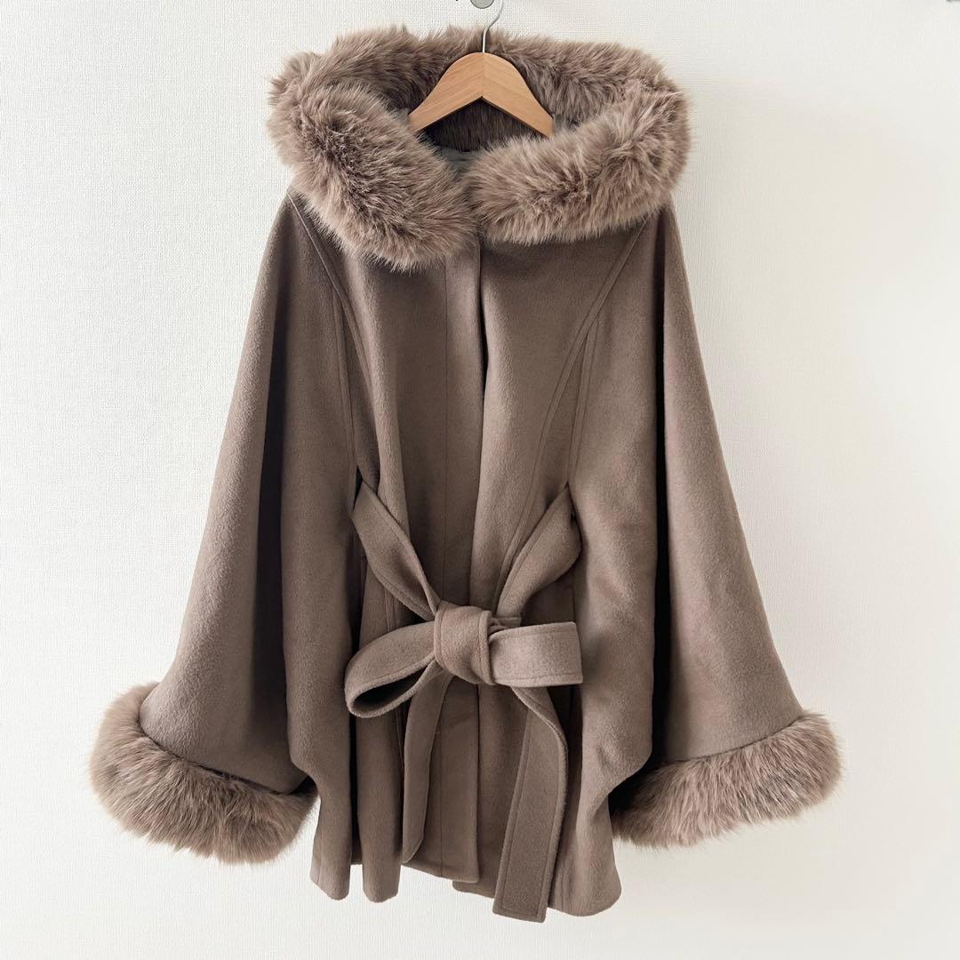 美品✨リエンダ　ウールMIXフードポンチョコート　ブラウン　 S