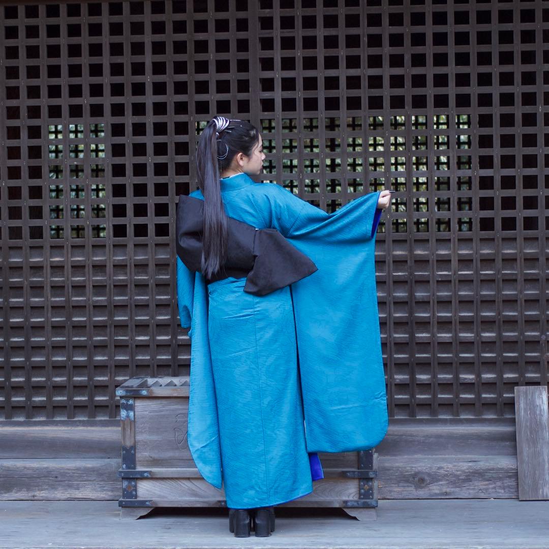 再開！！成人式振袖フルセット　無地　青　一点物