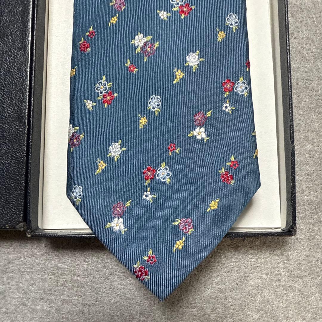 ポールスミス　ネクタイ　青紺　花柄　刺繍　シルクジャガード