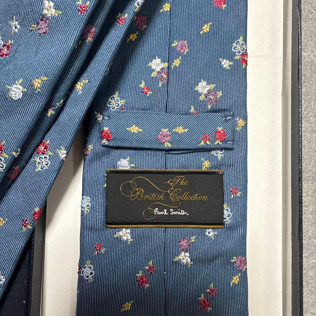 ポールスミス　ネクタイ　青紺　花柄　刺繍　シルクジャガード