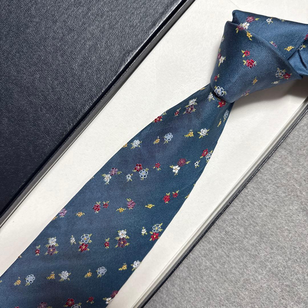 ポールスミス　ネクタイ　青紺　花柄　刺繍　シルクジャガード