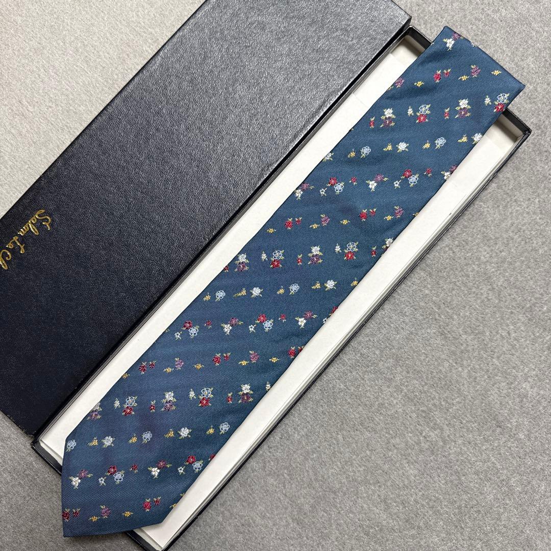 ポールスミス　ネクタイ　青紺　花柄　刺繍　シルクジャガード