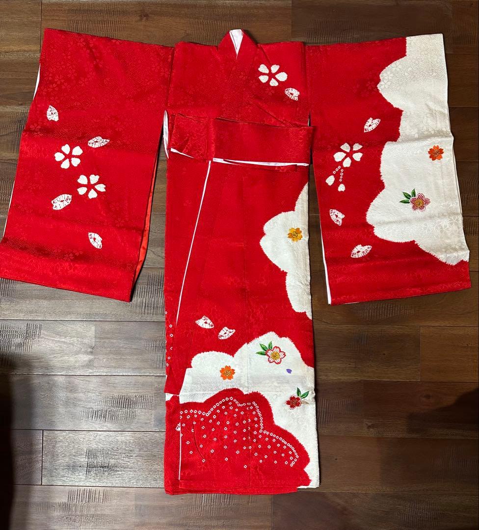 赤と白の桜模様 お宮参り用着物
