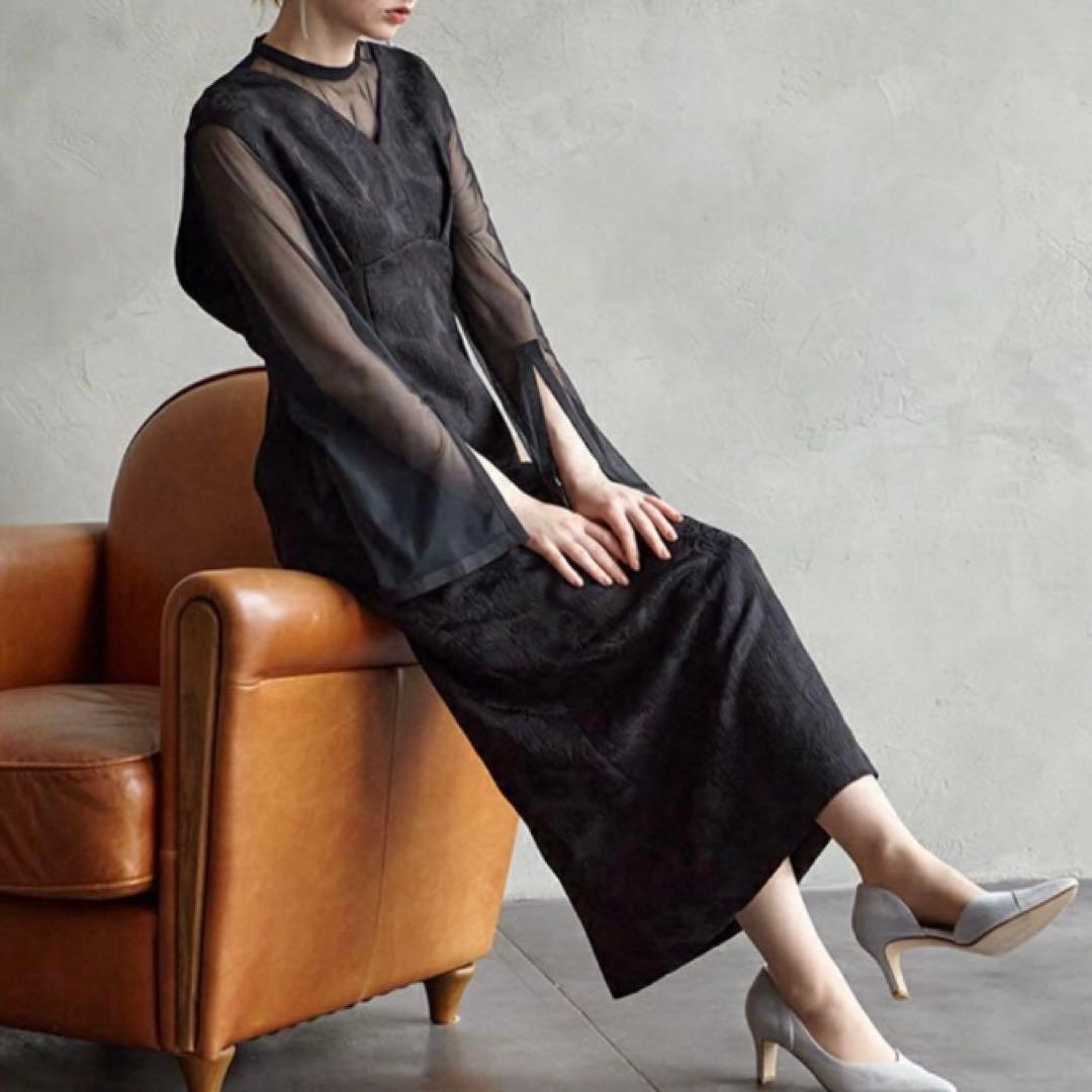 AIMER チュールブラウス付きジャカードIラインドレス