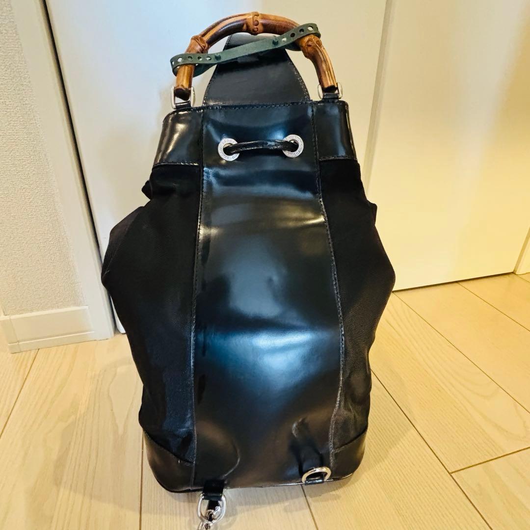 希少✰グッチ バンブー ワンショルダーバッグ 巾着 ナイロン レザー 黒 巾着型