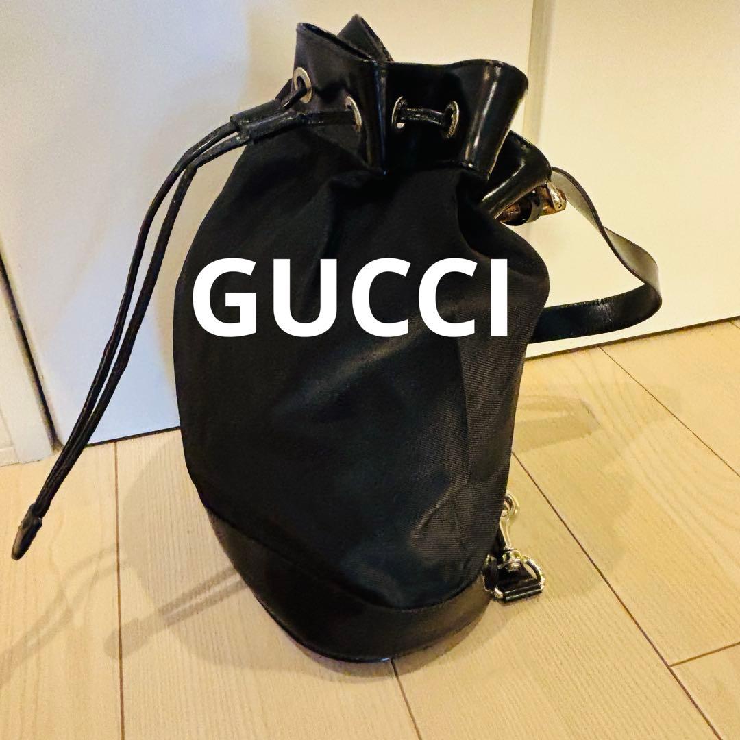 希少✰グッチ バンブー ワンショルダーバッグ 巾着 ナイロン レザー 黒 巾着型