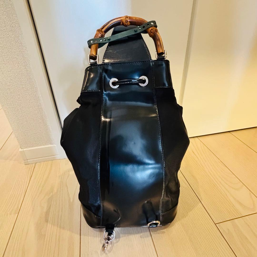 希少✰グッチ バンブー ワンショルダーバッグ 巾着 ナイロン レザー 黒 巾着型