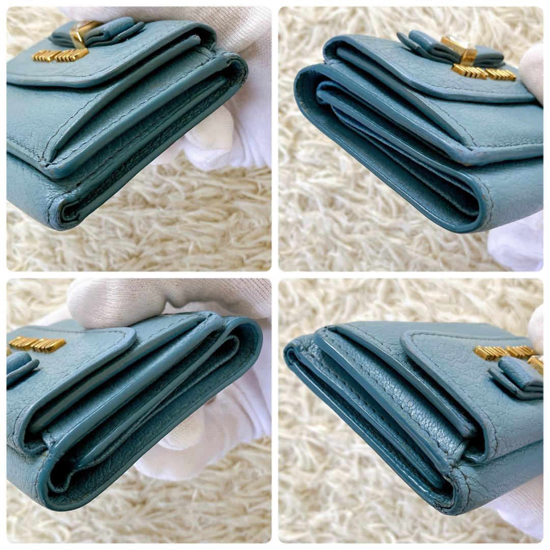 ICチップ認証済✨ミュウミュウ 三つ折り財布 クリスタルマドラス ブルー系