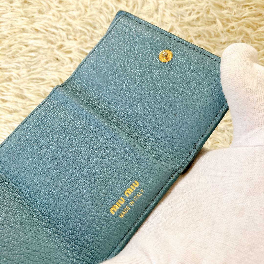 ICチップ認証済✨ミュウミュウ 三つ折り財布 クリスタルマドラス ブルー系