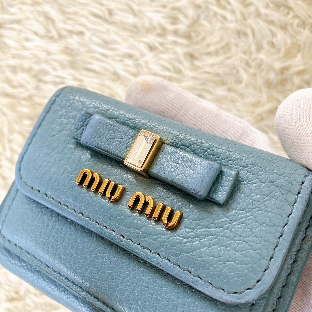 ICチップ認証済✨ミュウミュウ 三つ折り財布 クリスタルマドラス ブルー系