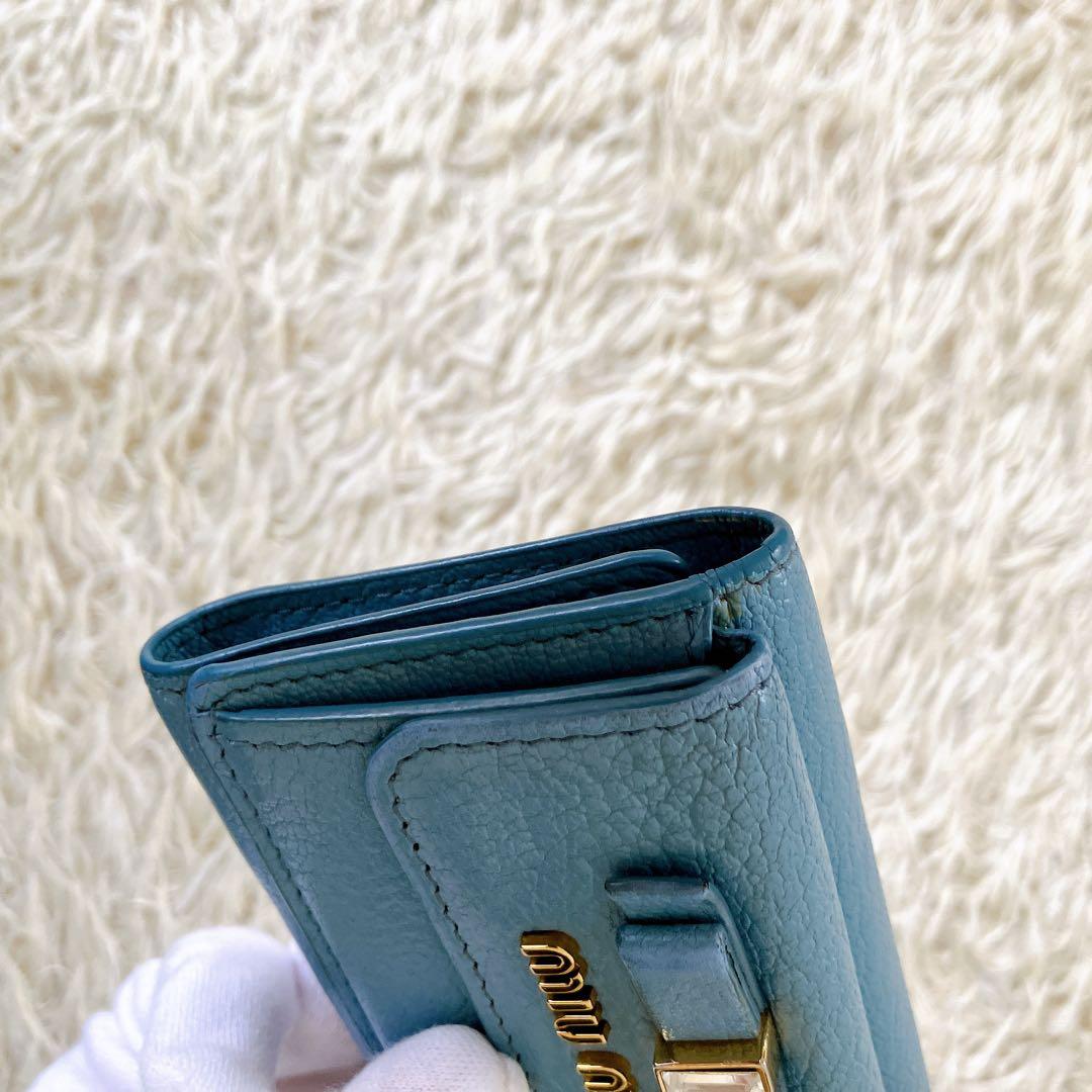ICチップ認証済✨ミュウミュウ 三つ折り財布 クリスタルマドラス ブルー系