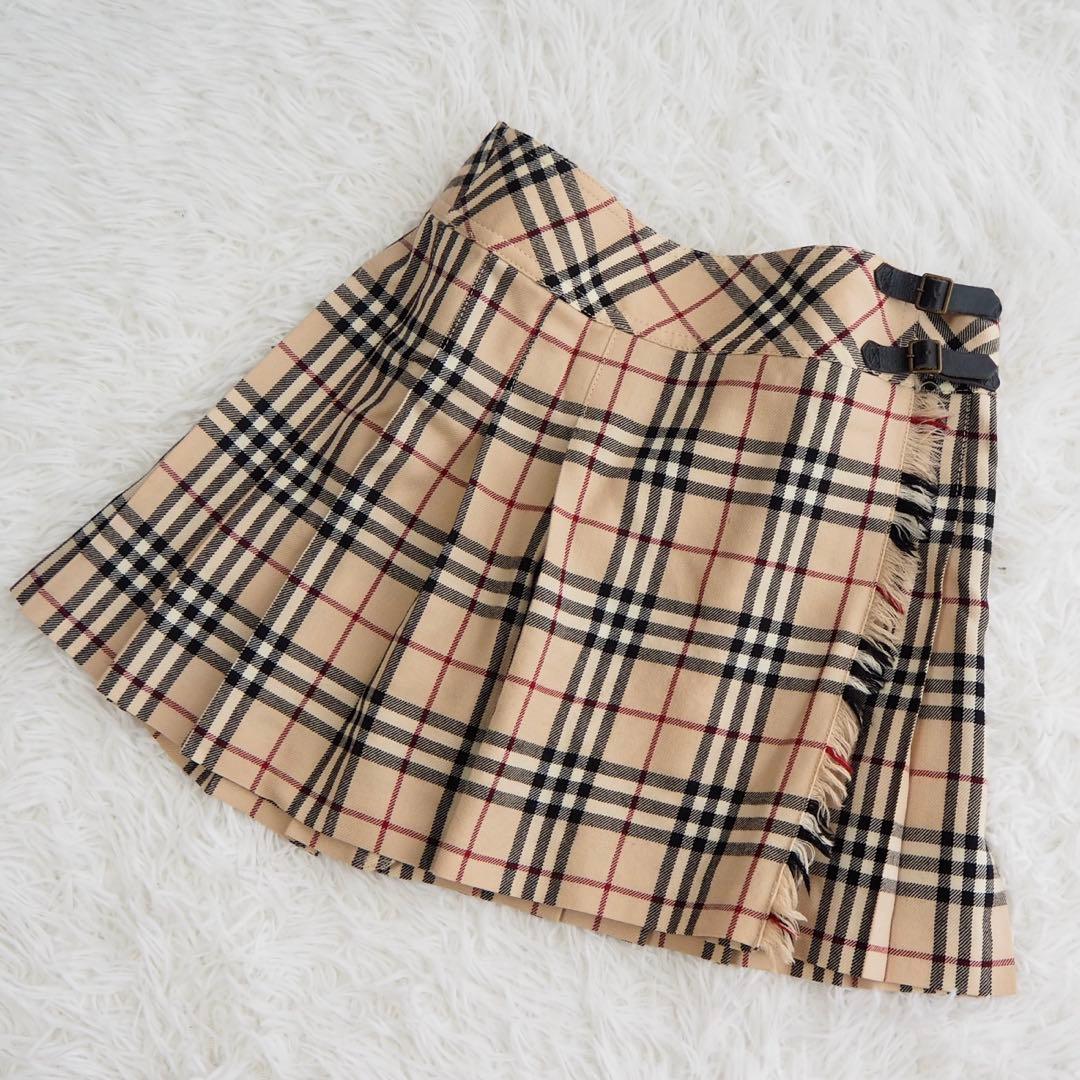 美品 バーバリー ノバチェック プリーツ 巻きスカート フリンジ ベルト ミニ