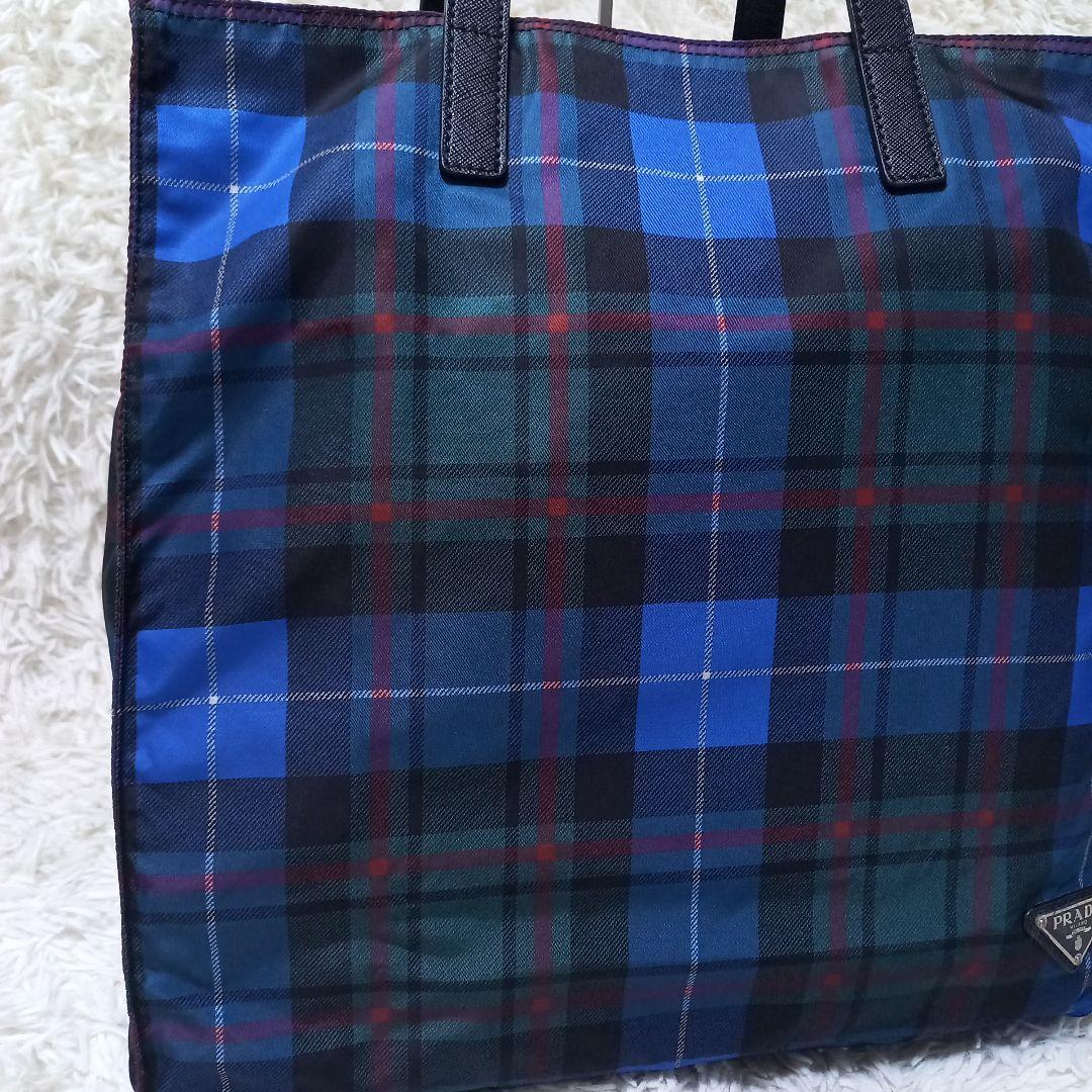 ●美品●　PRADA　チェック　マルチカラー　三角ロゴプレート　トートバッグ