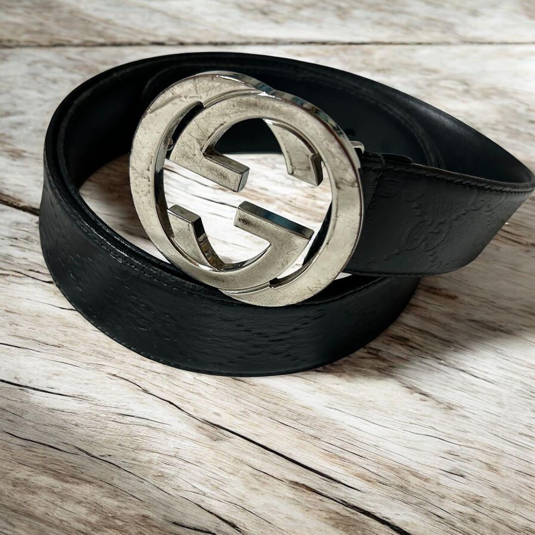 GUCCI グッチインターロッキング GG レザー ベルト ブラック 保存袋付き