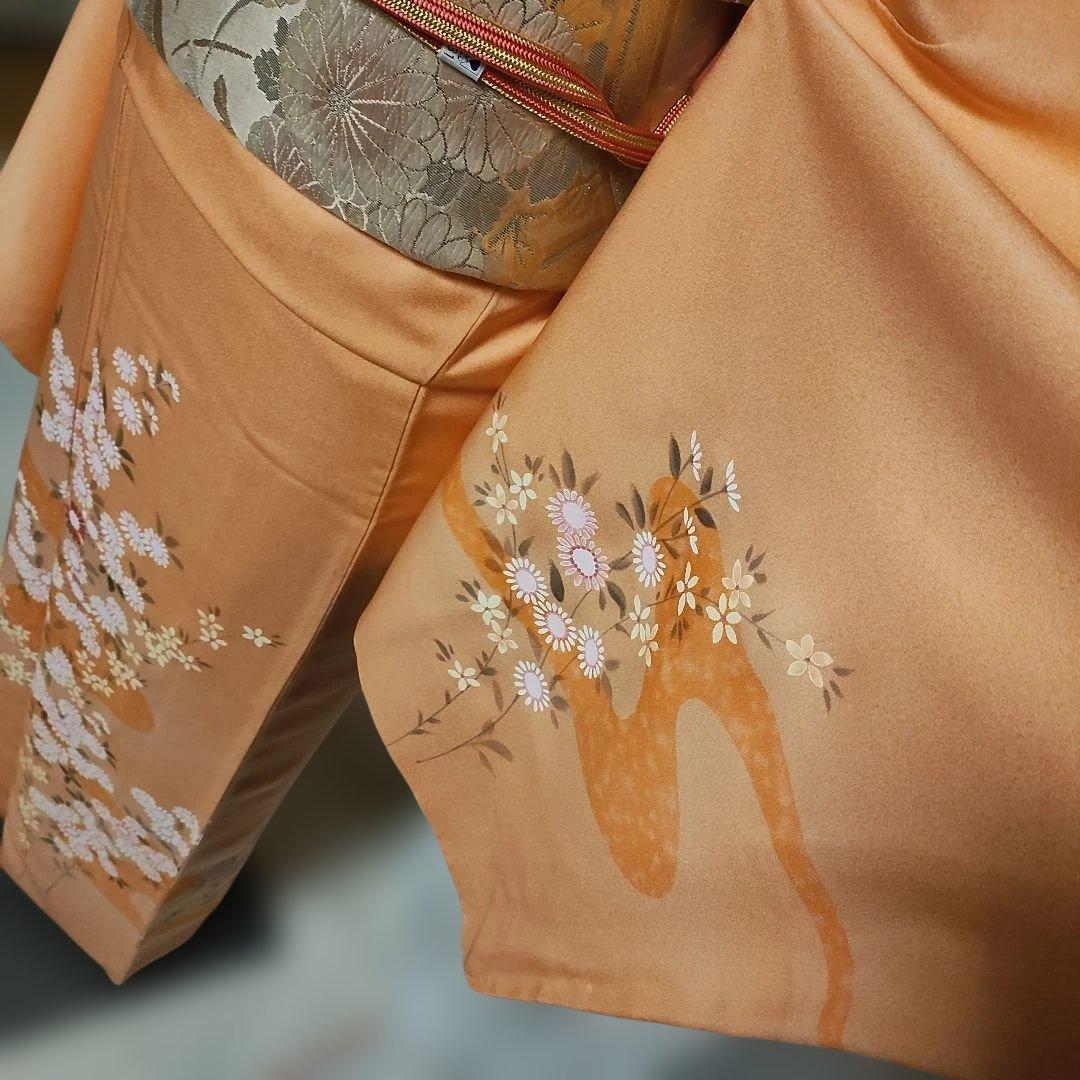 美品 淡いサーモン色 小菊付け下げ 訪問着フルセット 襦袢付き裄66 M寸