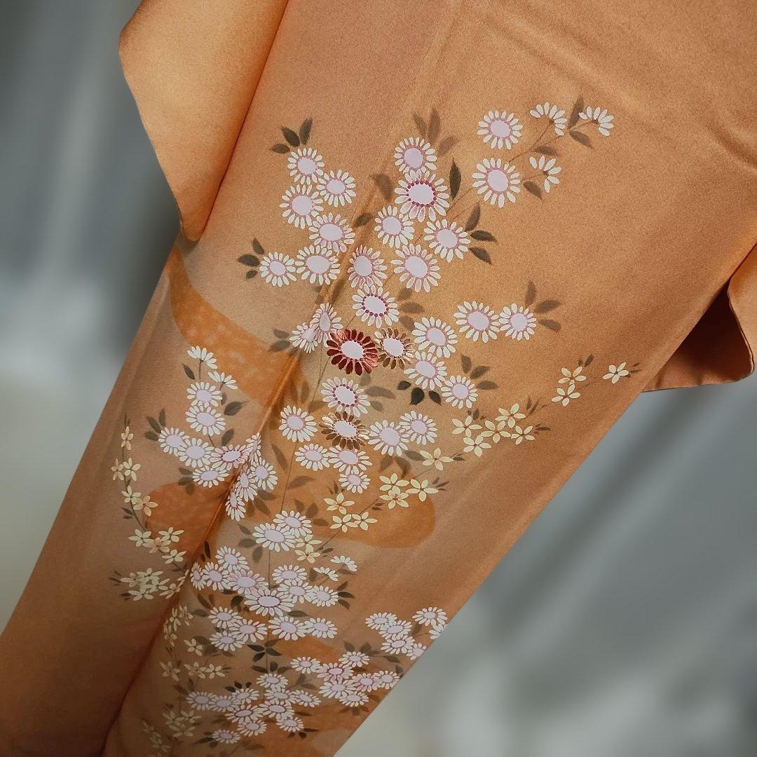 美品 淡いサーモン色 小菊付け下げ 訪問着フルセット 襦袢付き裄66 M寸