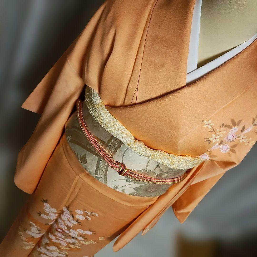 美品 淡いサーモン色 小菊付け下げ 訪問着フルセット 襦袢付き裄66 M寸