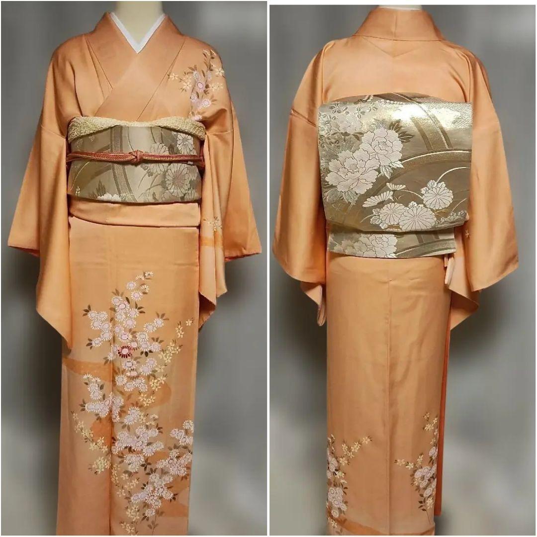 美品 淡いサーモン色 小菊付け下げ 訪問着フルセット 襦袢付き裄66 M寸