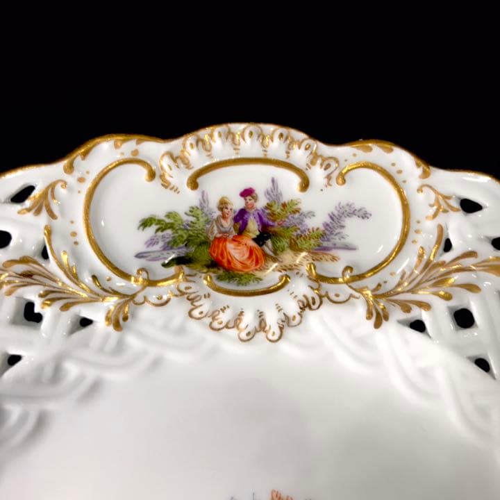 Meissen古マイセン/※美術館級 超レア1級品 ワトー上級4面絵付透かし皿E