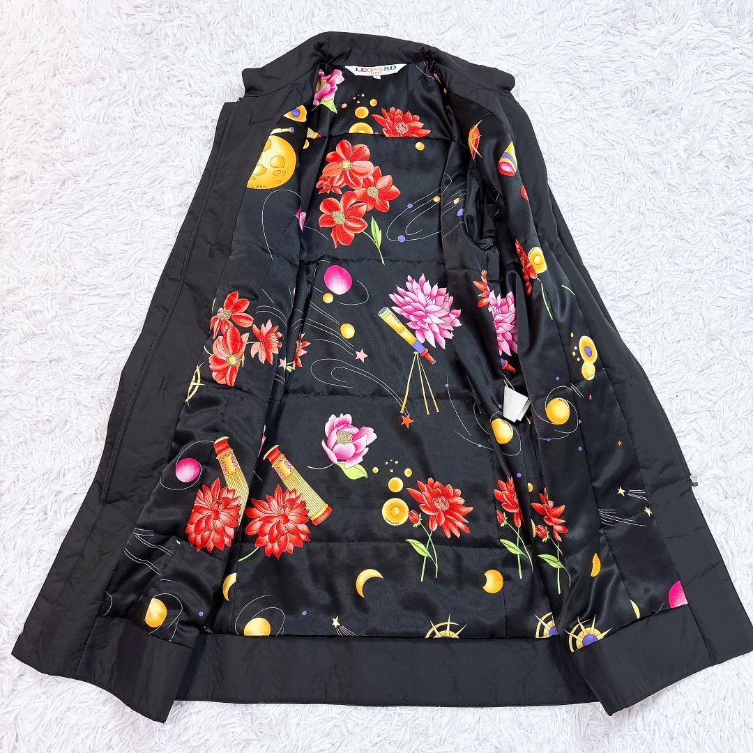 訳あり【極美品】レオナール パデッドロングコート トリム 花柄裏地 ブラック L