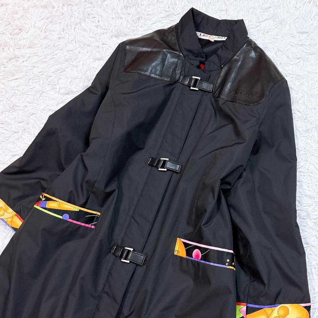 訳あり【極美品】レオナール パデッドロングコート トリム 花柄裏地 ブラック L