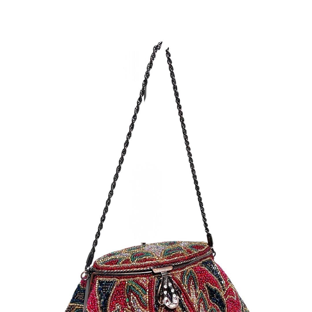 【美品】ビーズ総刺繍/ラインストーン/ ビジュー/口枠式/赤系色/ビーズバッグ