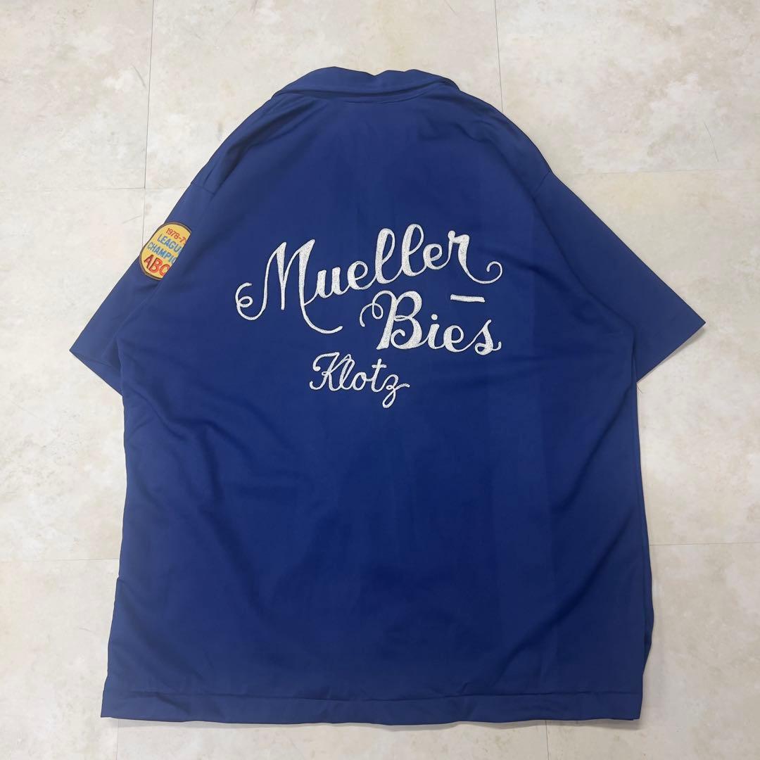 70s ボーリングシャツ USA製 青 チェーンステッチ XL開襟シャツ