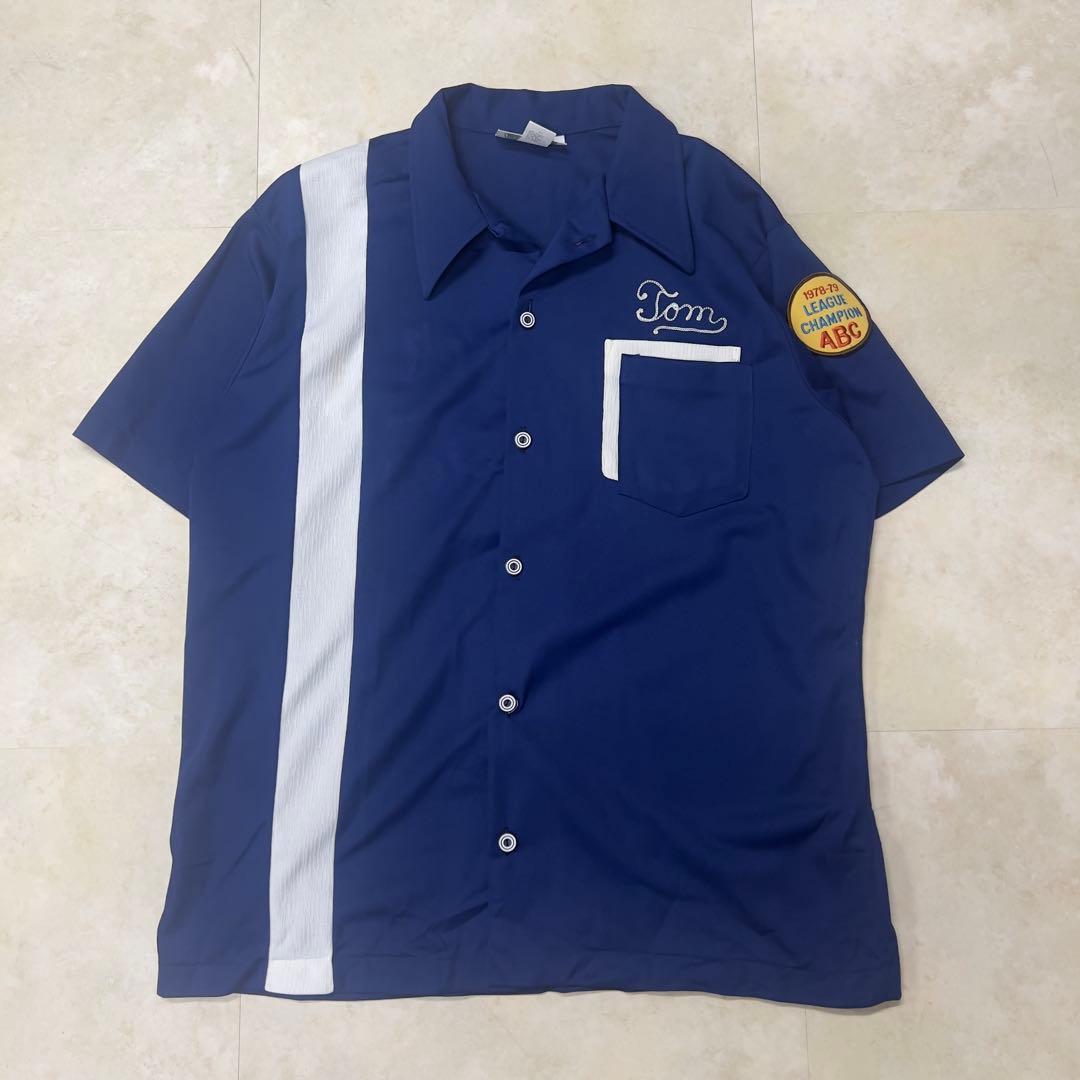 70s ボーリングシャツ USA製 青 チェーンステッチ XL開襟シャツ