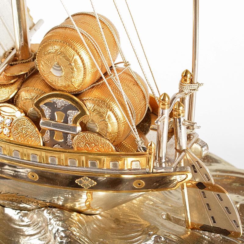 銀製　宝船　置物　ガラスケース　時代箱付　F　R5380B