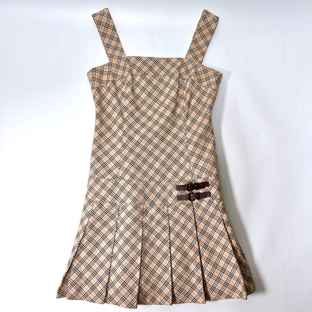 《美品》バーバリーブルーレーベル ワンピース ノバチェック プリーツ 革ベルト