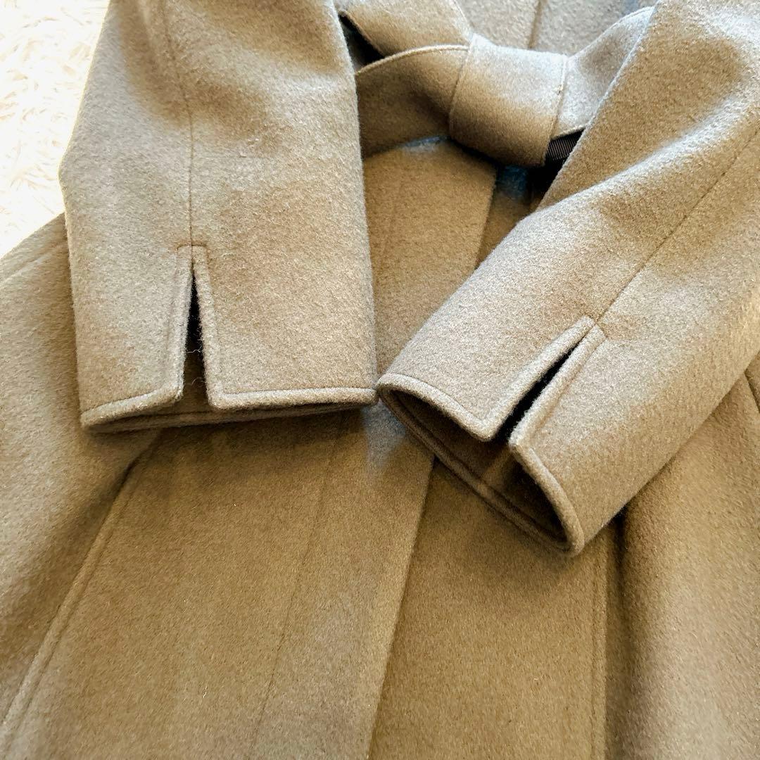 【美品】エムズグレイシー　ノーカラーロングウールコート　ベルト　ビジュー　カーキ