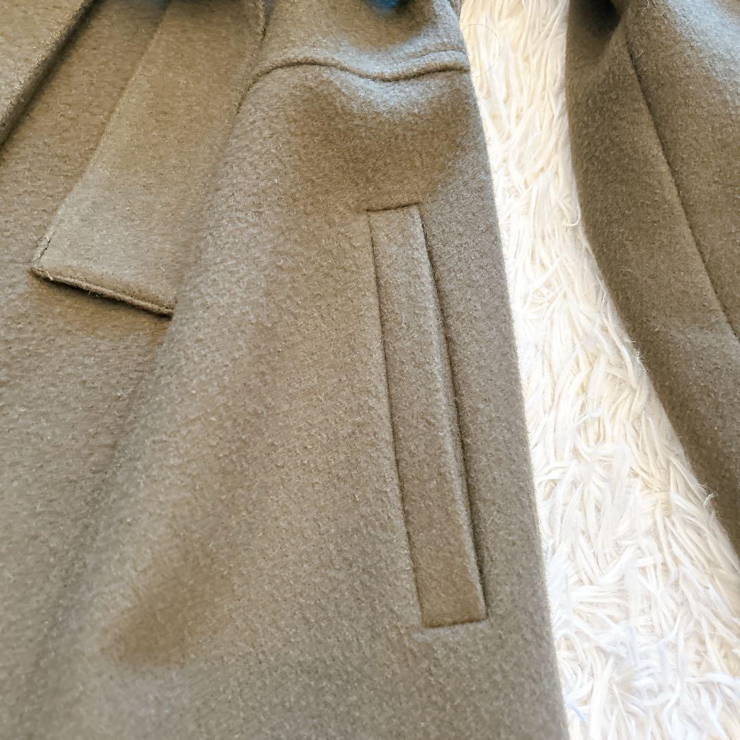 【美品】エムズグレイシー　ノーカラーロングウールコート　ベルト　ビジュー　カーキ