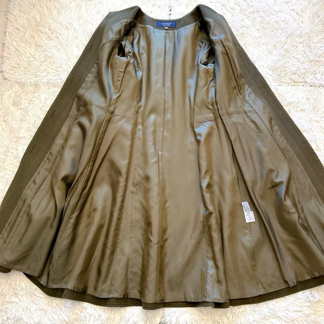 【美品】エムズグレイシー　ノーカラーロングウールコート　ベルト　ビジュー　カーキ