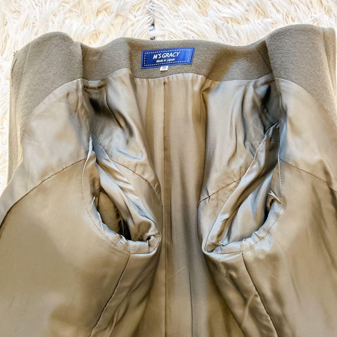 【美品】エムズグレイシー　ノーカラーロングウールコート　ベルト　ビジュー　カーキ