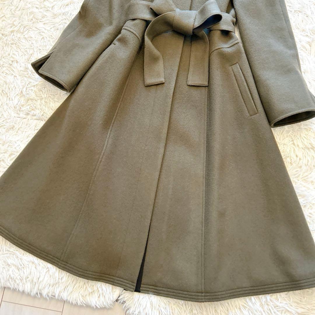 【美品】エムズグレイシー　ノーカラーロングウールコート　ベルト　ビジュー　カーキ