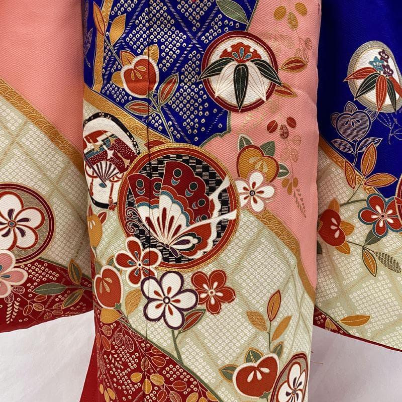 411ag78◎七五三 七歳 女児 着物&袋帯&長襦袢 古典柄 金駒刺繍 青◎