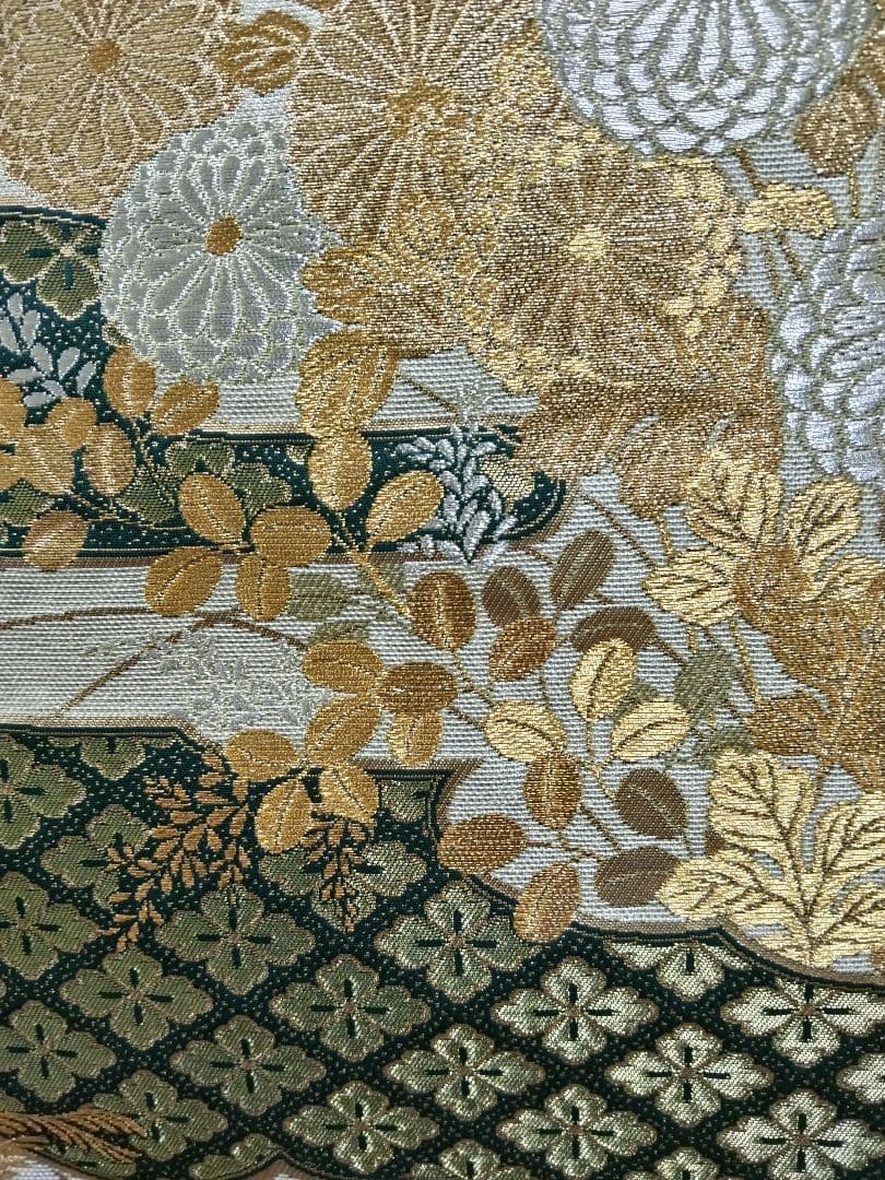 O-294 西陣袋帯 六通 菊 花菱 萩 秋草霞蒔絵文様 金銀糸箔 美品