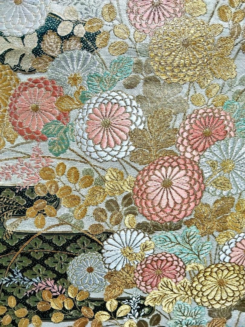 O-294 西陣袋帯 六通 菊 花菱 萩 秋草霞蒔絵文様 金銀糸箔 美品