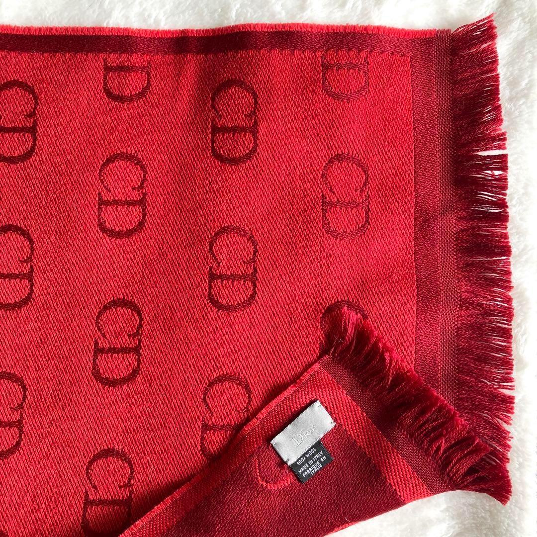 クリスチャンディオール ウール CDロゴ フリンジマフラー レッド